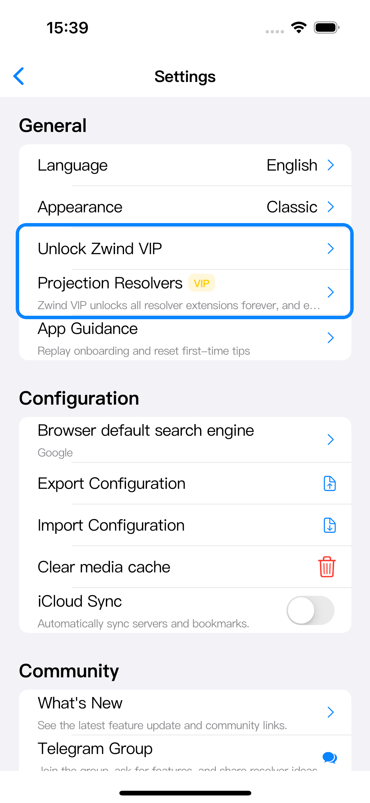 Settings 的 General 分组中，框选 Unlock Zwind VIP 和 Projection Resolvers。