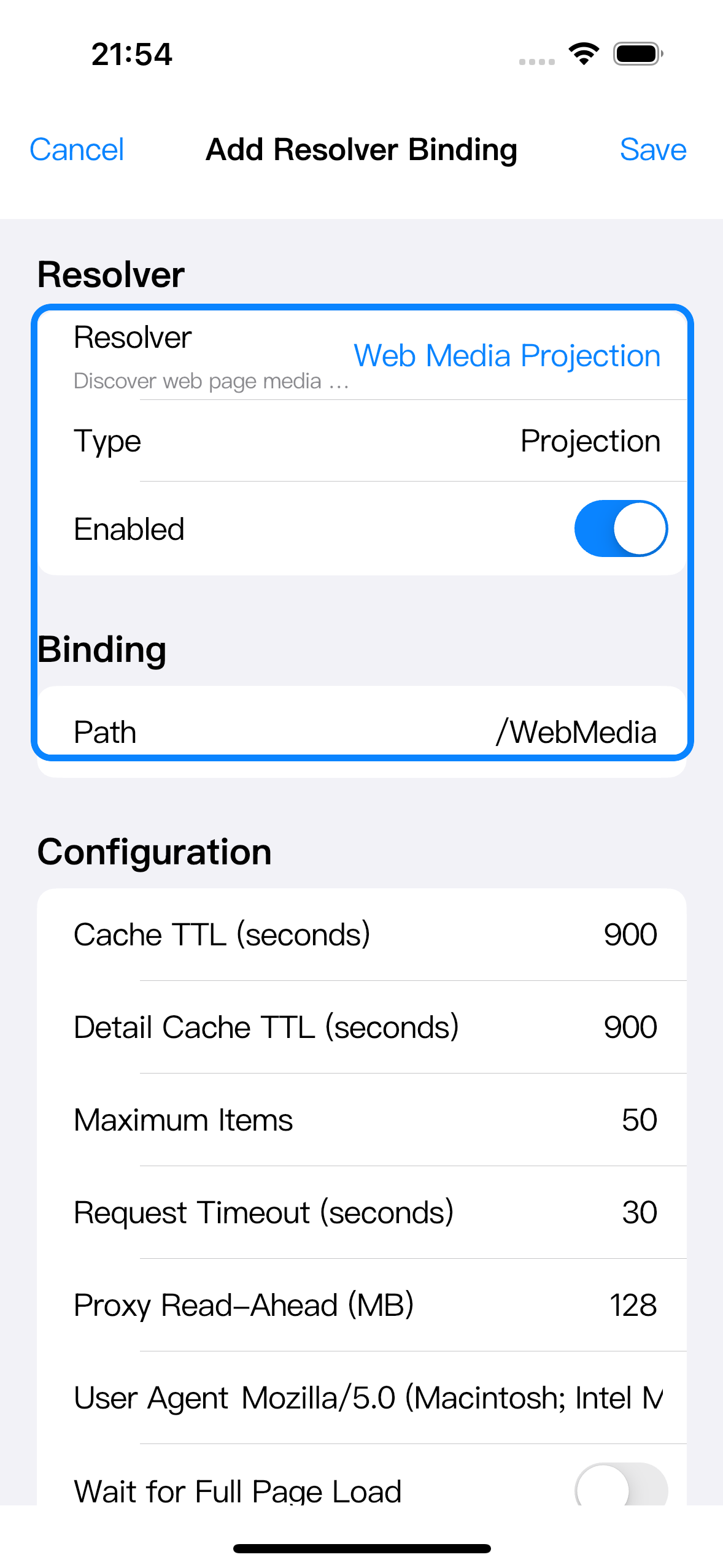 Resolver binding editor showing Web Media Projection enabled and bound to /WebMedia.