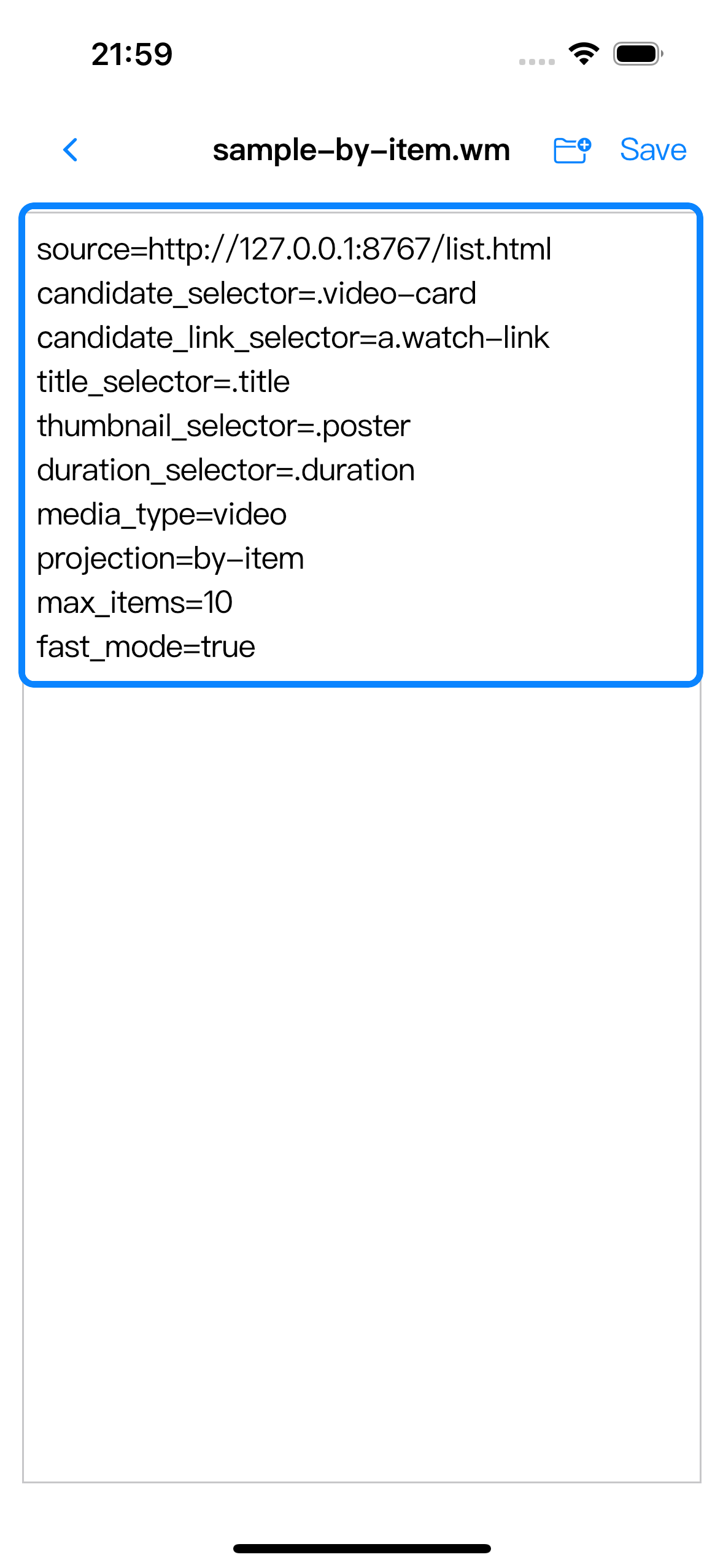 Text Editor showing a short local .wm rule used for documentation screenshots.