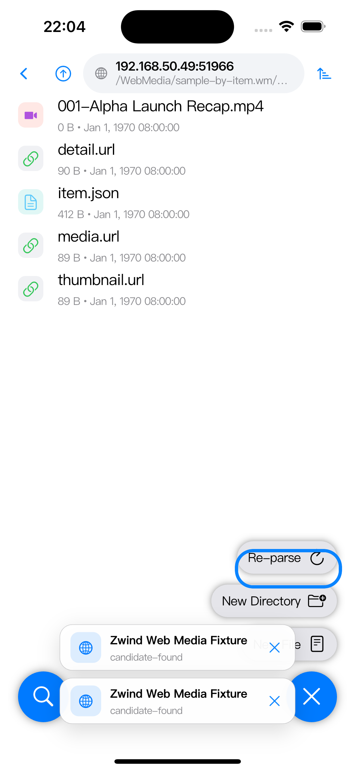Browser action menu showing Re-parse for the current Web Media path.