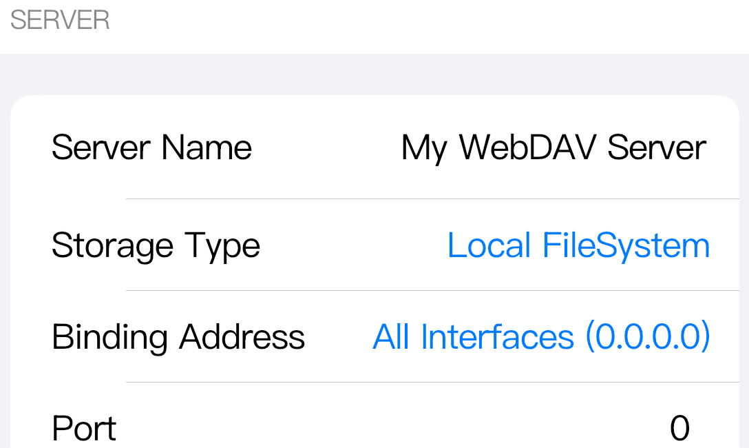 Binding Address and Port decide where the WebDAV server listens.