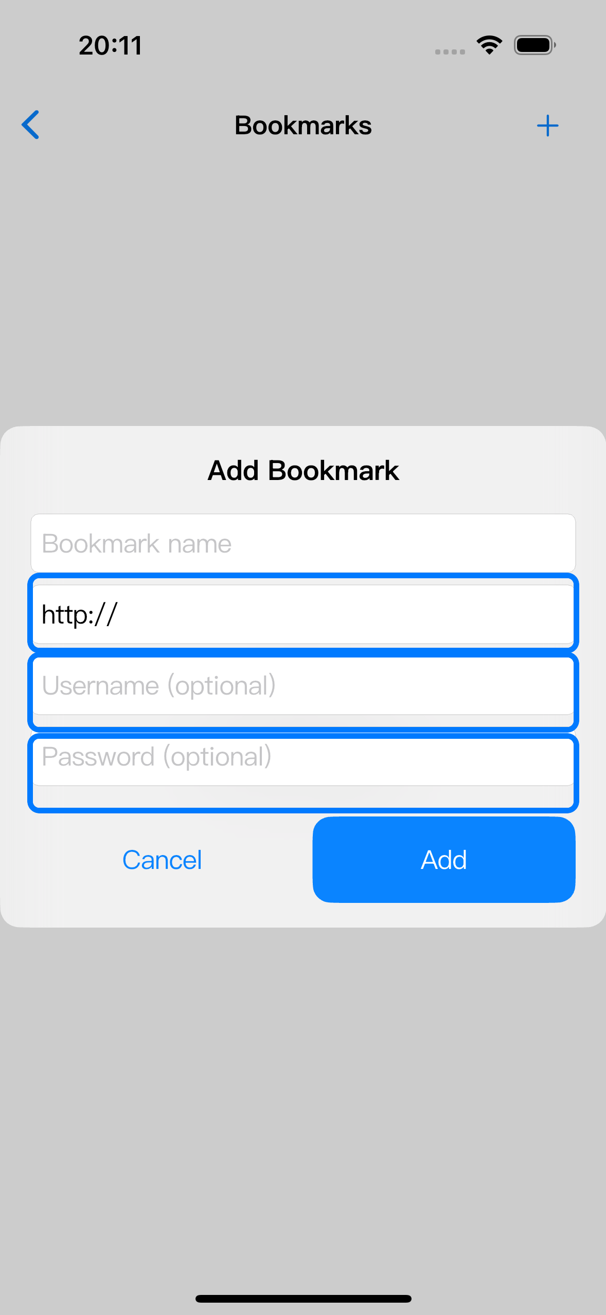 The Add Bookmark form highlights the URL, Username, and Password fields.