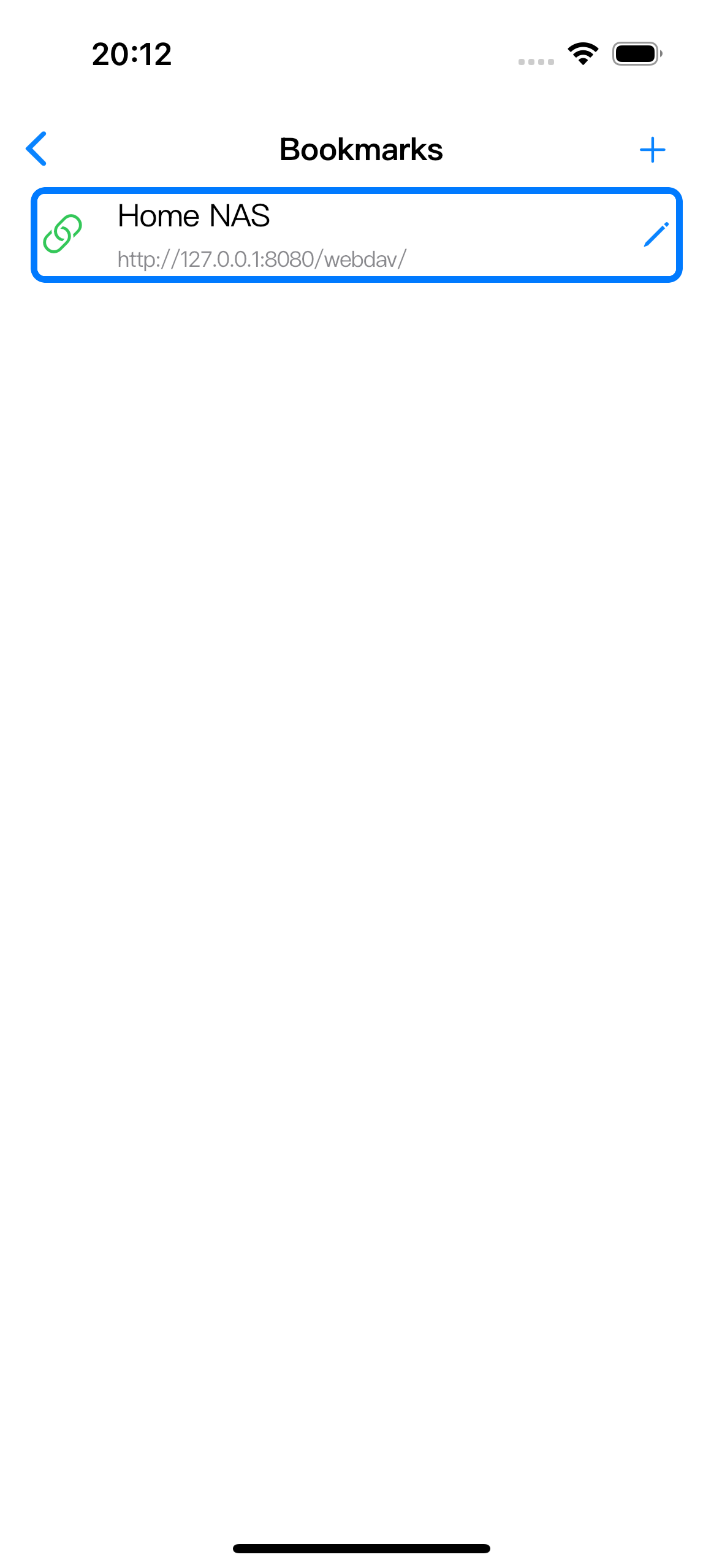 The saved bookmark row opens the URL, and the pencil button edits the bookmark.