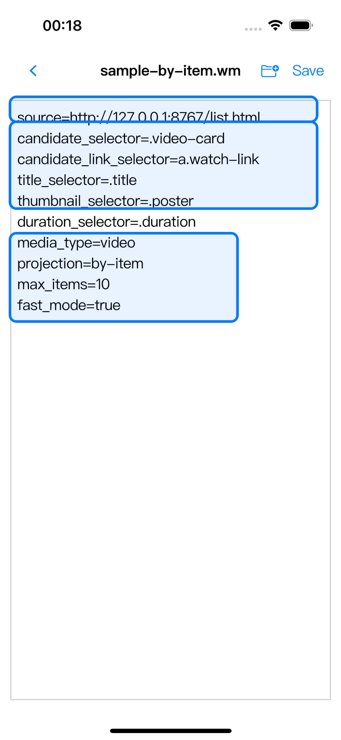 Text Editor showing the source page, item selectors, media type, projection mode, and fast-mode runtime fields of a .wm rule.