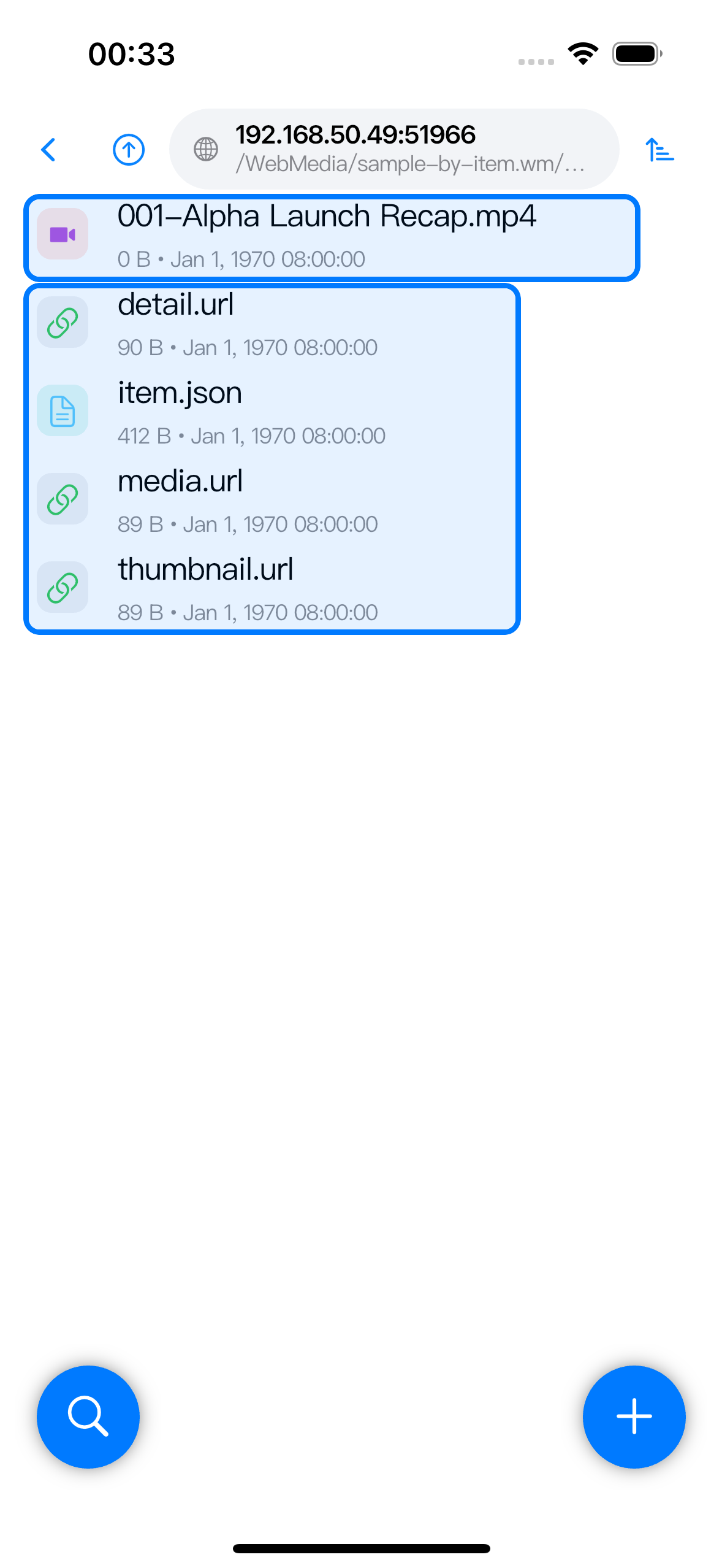 Browser showing a by-item folder with the discovered MP4 media file, detail.url, item.json, media.url, and thumbnail.url.